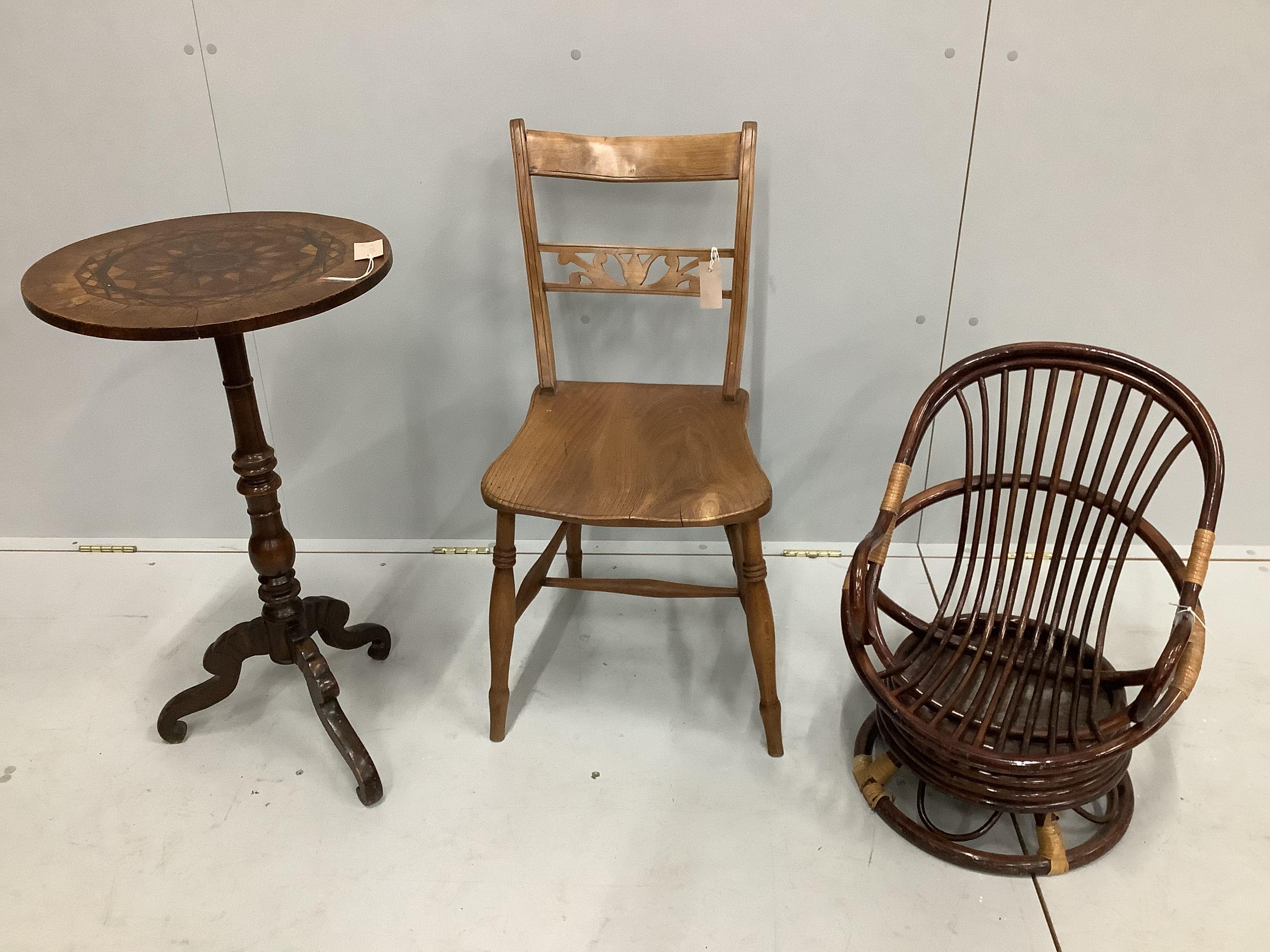 A 19th century French parquetry inlaid circular wine table, diameter 43cm, height 75cm, a Victorian elm and fruitwood Windsor chair and a child's bamboo swivel chair